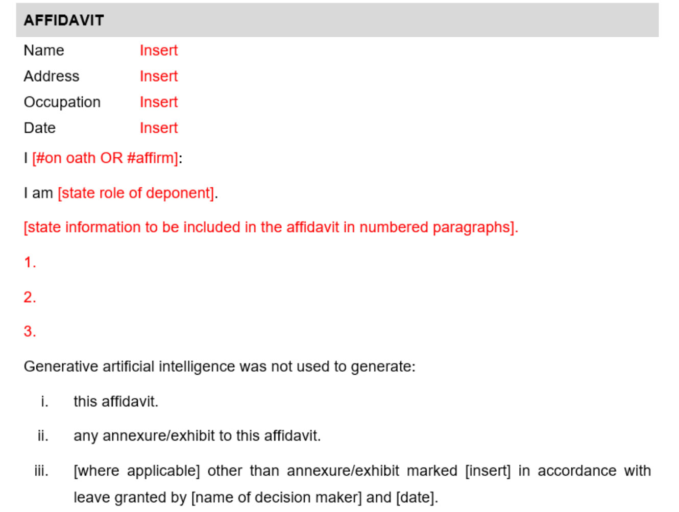 Image 2 The sections of the affidavit that must be completed highlighted in red.  